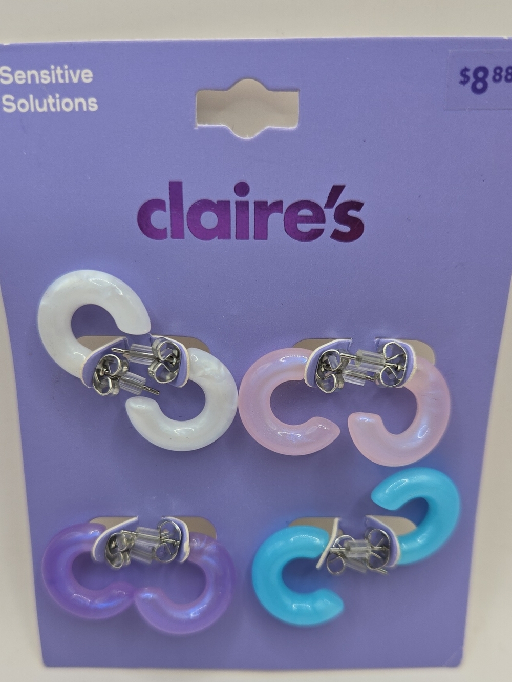 NEW Claire's Pastel Hoop Earring Set - White, Pink, Purple, Blue